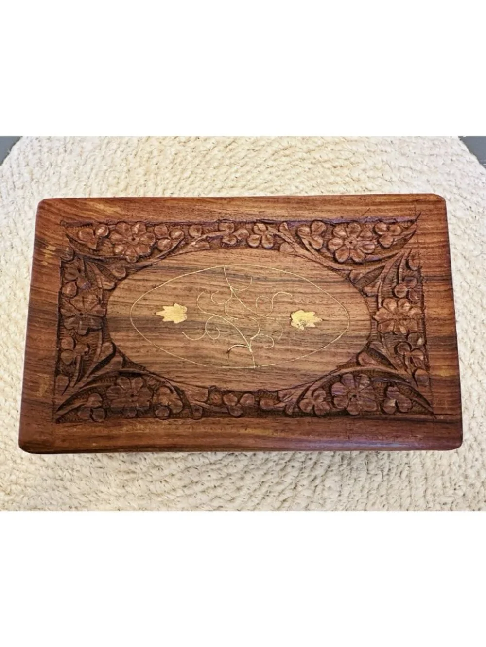 Vintage Carved Wooden Trinket Box Made in India Hinged Lined with Brass Inlay 8”